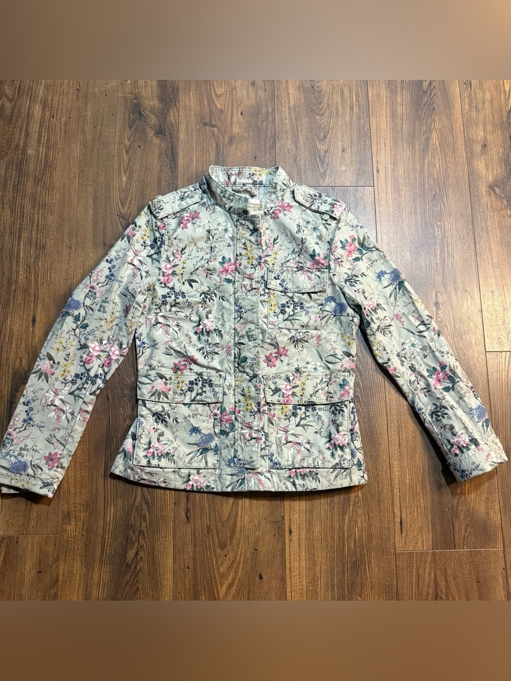 Girls H&M Floral Utility Jacket Size 6 Green Pink Button Front